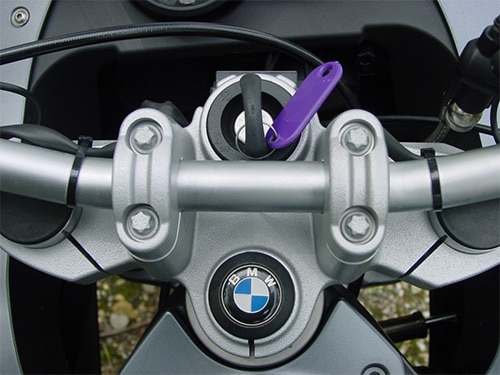 image of a BMW motorcycle key in the ignition