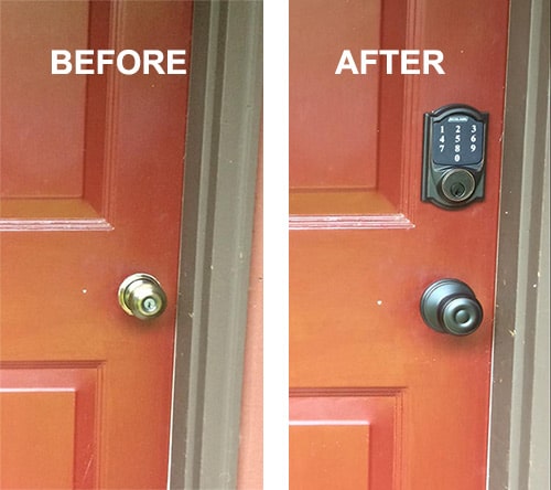 image of a residential front door with a plan door lock and AFTER with a Schlage Smart Lock and new doorknob installed